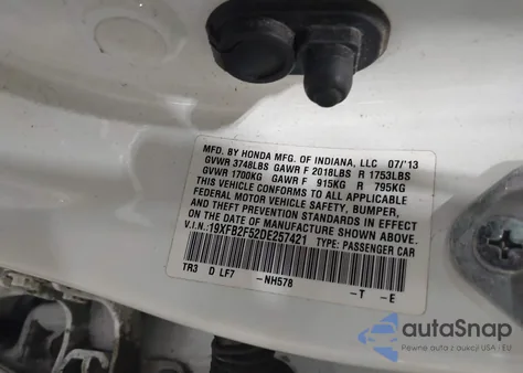 2013 Honda Civic Lx from USA, damaged, VIN 19XFB2F52DE257421